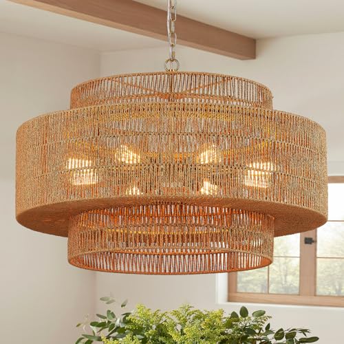 31" Large Gold Rattan Chandelier, 8-Light Hand-Woven 3-Tier Drum Wicker Light Fixture, Boho Vintage Farmhouse Pendant for Dining Room Kitchen Living Room Bedroom Foyer - color: gold 30.5"