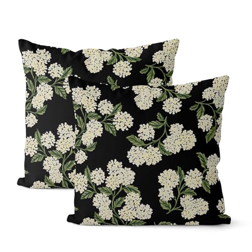 Black Spring Pillow Covers 16x16 Inch 2 Pcs Green Hydrangea Flower Decor Throw Pillows Vintage Floral Seasonal Summer Outdoor Decoration Pillowcase Linen Cushion Cover for Couch Sofa - color: Black Hydrangea, size: 16" x 16" (Pack of 2)
