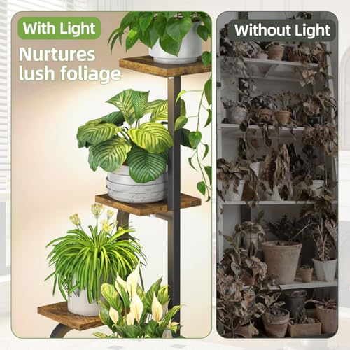iDavosic.ly Tall Plant Stand Indoor with Grow Light, 4 Tier Corner Multiple Flower Holder Shelf with Wooden Trays, Space Saving Display Rack for Living Room Balcony Patio Porch | Black & Brown - color: Brown with Light