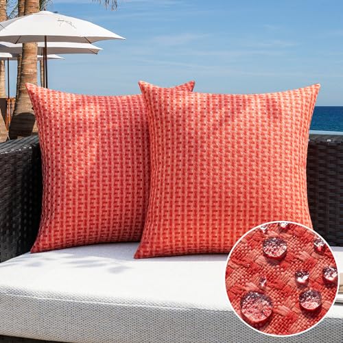 Kevin Textile Valentines Outdoor Waterproof Throw Pillow Covers Pack of 2 Weaving Texture Water Resistant Outside Decorative Cushion Covers for Garden Tent Balcony Bench Couch Sofa 16x16 Inch, Red - color: Red, size: 16" x 16" (Pack of 2)