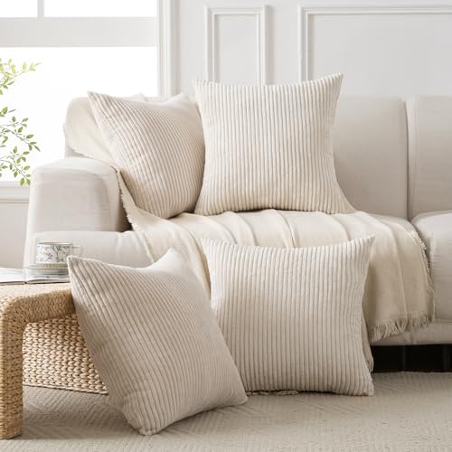 Volcanics Set of 4 Beige Cream Corduroy Decorative Couch Throw Pillow Covers 18x18 Inch, Modern Double-Sided Striped Cushion Cases, Soft Boho Square Accent Pillow Covers, Mix and Match for Home Decor - color: Beige, size: 18" x 18" (Pack of 4)