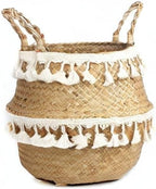 Tassel Macrame Woven Seagrass Belly Basket for Storage, Decoration, Laundry, Picnic, Plant Basin Cover, Groceries and Toy Storage (Large, Tassel)