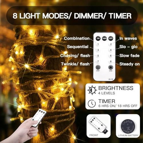 suddus 100 LED String Lights with Remote Control, 33ft Connectable Clear Wire Fairy Lights, 8 Modes & Timer Dimmable, Waterproof Plug in Twinkle Lights for Bedroom, Patio, Christmas Tree - Warm White - color: Warm White, size: 100LED Connectable