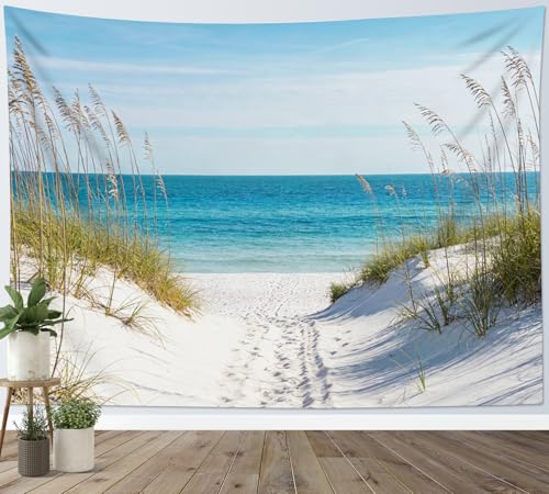 SCECALA Blue Beach Tapestry Summer Seascape Blue Ocean Wall Art Tapestry Seaside Nature Landscape Wall Hanging for Bedroom Living Room College Dorm Photography Home Decor 59x51 Inch - color: Blue White, size: 51"L x 59"W