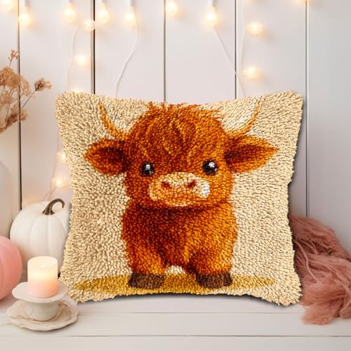 Latch Hook Pillow Kits for Adults Cute Baby Highland Cow DIY Pillow Cover Printed Pillowcase Crochet Hooking Yarns Handmade Cushion for Home Sofa Decoration 17x17inch(8) - color: 01-Highland Cow