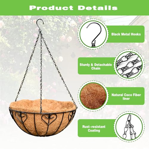 2 Pack 12 Inch Black Metal Hanging Basket Hanging Planter with Coco Coir Liner Heavy Duty Hanging Flower Pot Holder for Indoor Outdoor Patio Garden Porch Balcony Decor (Heart-Shaped) - color: Heart-shaped