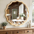 Circle Wood Mirrors for Wall, Wavy Round Bathroom Scalloped Mirror Wooden Frame 24 Inch for Living Room Farmhouse Bedroom Hallway Entryway Living Room with Shatterproof Glass Wall Mounted - size: 24"L x 24"W
