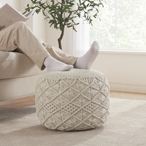 Ornavo Home Pouf Ottoman Foot Rest - 100% Cotton Pouffe - Hand Knitted Macrame Braid - Boho Round Stuffed Ottoman for Living Room, Bedroom - Natural