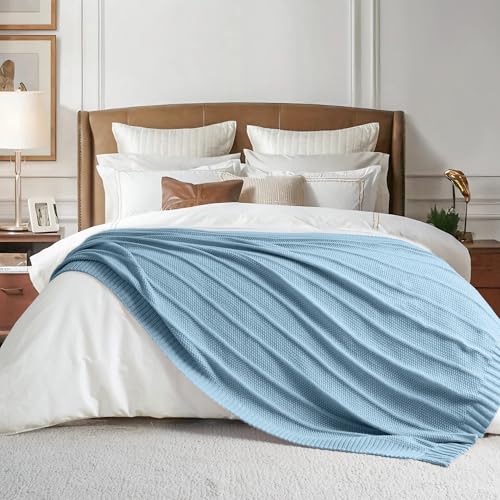 Carriediosa Knit Throw Blanket for Couch 50" X 60", Soft Cozy Stripe Pattern Cable Knitted Throws Fall Fluffy Textured Solid Home Decor Blankets Couch Cover for Bed Sofa, Light Blue - color: Light Blue, size: 50" X 60"