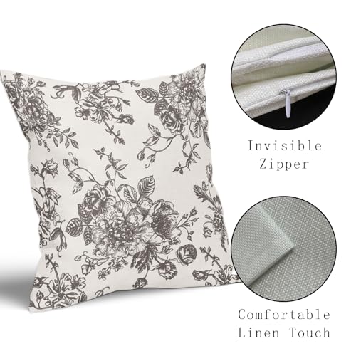Vintage Floral Pillow Covers 18x18 Inch Set of 2 Black Brown and Cream Floral Throw Pillow Covers Chinoiserie Flower Pillowcases Rustic Farmhouse Cotton Linen Cushion Covers for Couch Bed Sofa Decor - color: Black Brown, size: 18" x 18" (Pack of 2)
