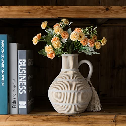 Mowtanco Rustic Ceramic Vase for Home Decor, Farmhouse Decorative Vases for Pampas Grass, Terracotta Vase with Tassel Design, Handle Flower Vase, Clay Vase for Living Room Decoration, 8 inch Tall - color: Gray - Round