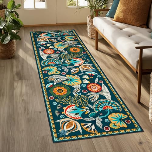 Joydeco Egypt Floral Boho 2x6 Runner Rug for Hallway Entrance, Dark Green Bathroom Kitchen Rug Runner Non Slip Washable, Vintage Ultra-Thin Carpet for Entryway Laundry Room Bed Beside - color: Dark Green, size: 2' x 6' (Runner)