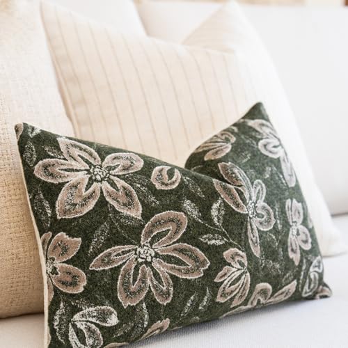 FIOUOVO Floral Throw Pillow Covers 12x20 Set of 2 Farmhouse Pillow Covers Vintage Neutral Accent Pillowcases Decorative Cushion Covers for Sofa Couch Living Room Bedroom Home Decor, Olive Green - color: Olive Green, size: 20" x 12" (Pack of 2)