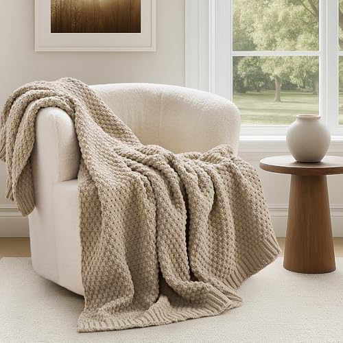 EVERGRACEHOME Chunky Chenille Knit Throw Blanket for Couch, Soft Luxurious Moss Stitch Blankets for Bed, Cozy Decorative Farmhouse Knitted Throws for Sofa, Sand Dune, 60" x 80" - color: Sand Dune, size: 60" X 80"