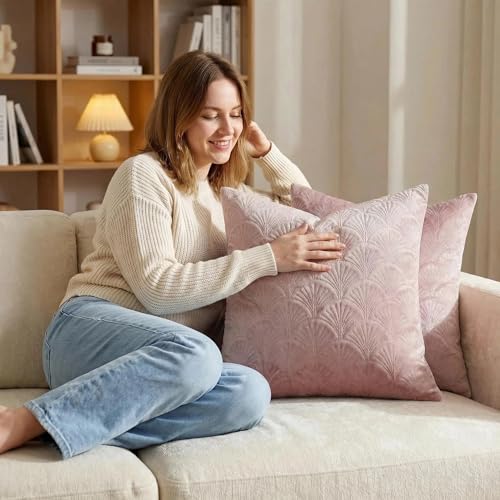 Mantle & Mason Modern Scandi Cushion Covers Leaf Pattern Throw Pillow Covers 18x18 inch Set of 2 Soft Velvet Embossing Decorative Pillow Covers for Couch Sofa Bed Chair Living Room Home Decor Pink - color: Leaf Pink, size: 18" x 18" (Pack of 2)