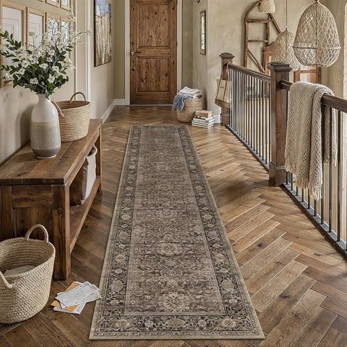 HUGEAR Brown Washable 3x10 Runner Rugs for Hallway Entryway Vintage Distressed Neutral Rug Carpet Durable Soft Non Slip & Shedding Stain Resistant Low Pile Indoor Home Decor - color: Retro | Brown, size: 3' x 10' (Runner)
