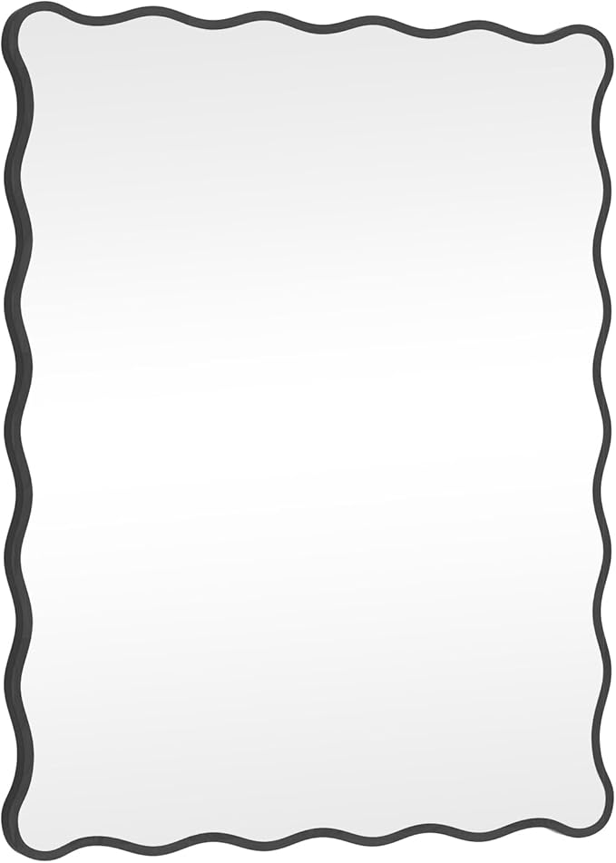 Black Wavy Mirror Whit Wood Frame, 18" x 24" Small Rectangle Boho Mirror for Nursery Wall Decor, Bathroom Vanity, Bedroom, Living Room, Entryway