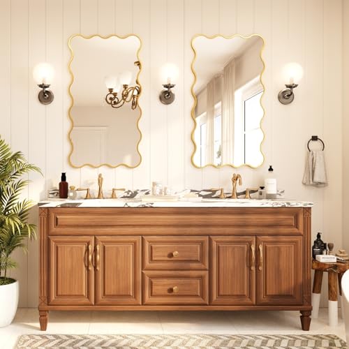 Kelly Miller 26x48 Inch Gold Scalloped Mirror, Large Rectangular Wavy Edge Bathroom Vanity Wall Mirror Decorative for Bedroom Living Room Entryway Fireplace Mantle - size: 48"L x 26"W
