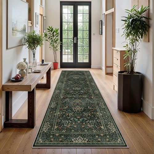 2x6 Floral Washable Area Rug Soft Runner Rugs for Living Room, Vintage Boho Hallway Rug for Bedroom Dining Room, Distressed Botanical Birds Non Slip Low Pile Animal Throw Carpet for Office, Dark Green - color: Dark Green, size: 2' x 6' (Runner)