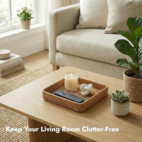 8.3" x 8.3" Wicker Tray, Woven Decorative Tray, Square Rattan Tray Bathroom Vanity Tray Catchall Organizer for Perfume Skincare Jewelry Coffee Bar Kitchen Counter Nightstand Living Room (Square S) - color: Natural Square S (8.3" × 8.3" )