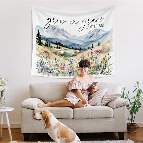 WARDOS Wildflower Christian Tapestry, Grow in Grace Bible Verse Tapestry Wall Hanging, Mountain Scenery Religious Scripture Wall Blanket Decor for Home Bedroom Living Room, 50x60 Inch - color: flower six