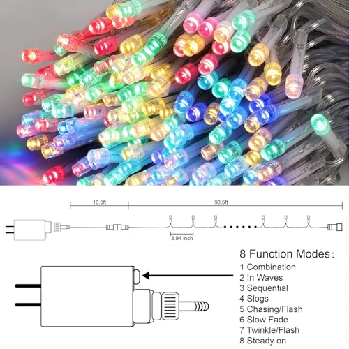 LJLNION 300 LED String Lights Outdoor Indoor, Extra Long 98.5FT Christmas Lights, 8 Lighting Modes, Plug in Waterproof Fairy Lights for Wedding Party Bedroom Decorations (Multicolor) - color: Multicolor