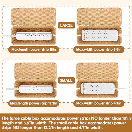 2PCS Cable Management Box, Handmade Rattan Cable Organizer, Open Slots Cords Hider Box Cord Basket Under Desk Cord Organizer for Computer Router USB Hub & Power Strip - size: 13.0" (L) x 5.5" (W) x 5.1" (H) - 2 Pack
