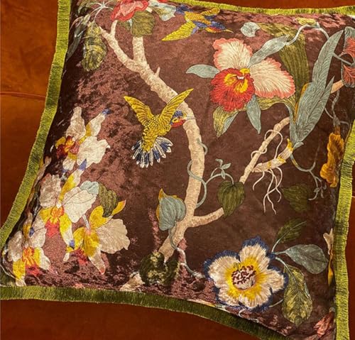 GUMAS Original Luxurious Floral and Bird Print Velvet Throw Pillow, Cushion Cover with Vintage Chinese Style Design (1, Brown Cover) - color: Brown Cover