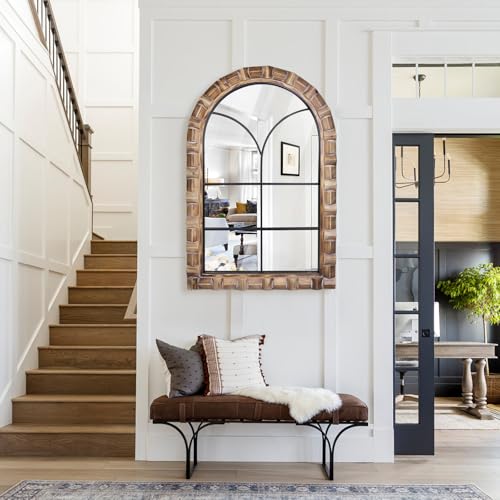 36x24 Inch Arched Window Pane Wall Mirror - Rustic Farmhouse Solid Wood Decorative Mirror for for Living Room, Bedroom, Entryway & Bathroom - color: E - Window - 36x24 in