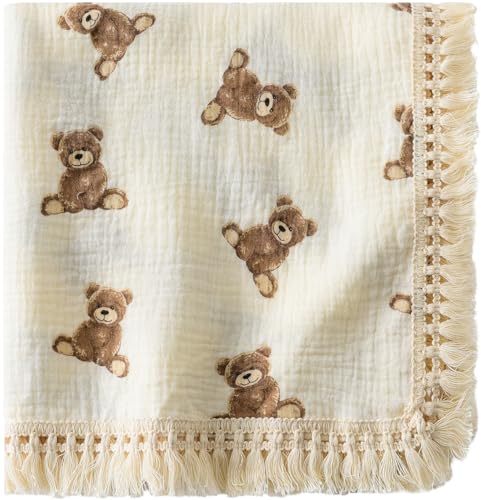 Little Jump Cotton Muslin Swaddle Blankets with Tassel, Boho Bohimia Muslin Baby Blanket Neutral with Fringe, Vintage Teddy Bear Nursery Decor Muslin Throw Blanket 47" x40" (Teddy Bears) - color: Teddy Bears