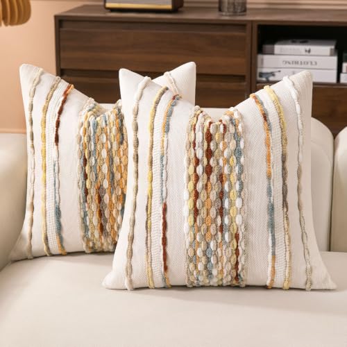 Boho Striped Throw Pillow Covers 18x18 Inch Set of 2 Farmhouse Square Decorative Pillow Covers Chenille Tufted Accent Neutral Pillowcase Yellow Brown Cushion Cover for Couch Sofa Bed - color: Yellow Brown