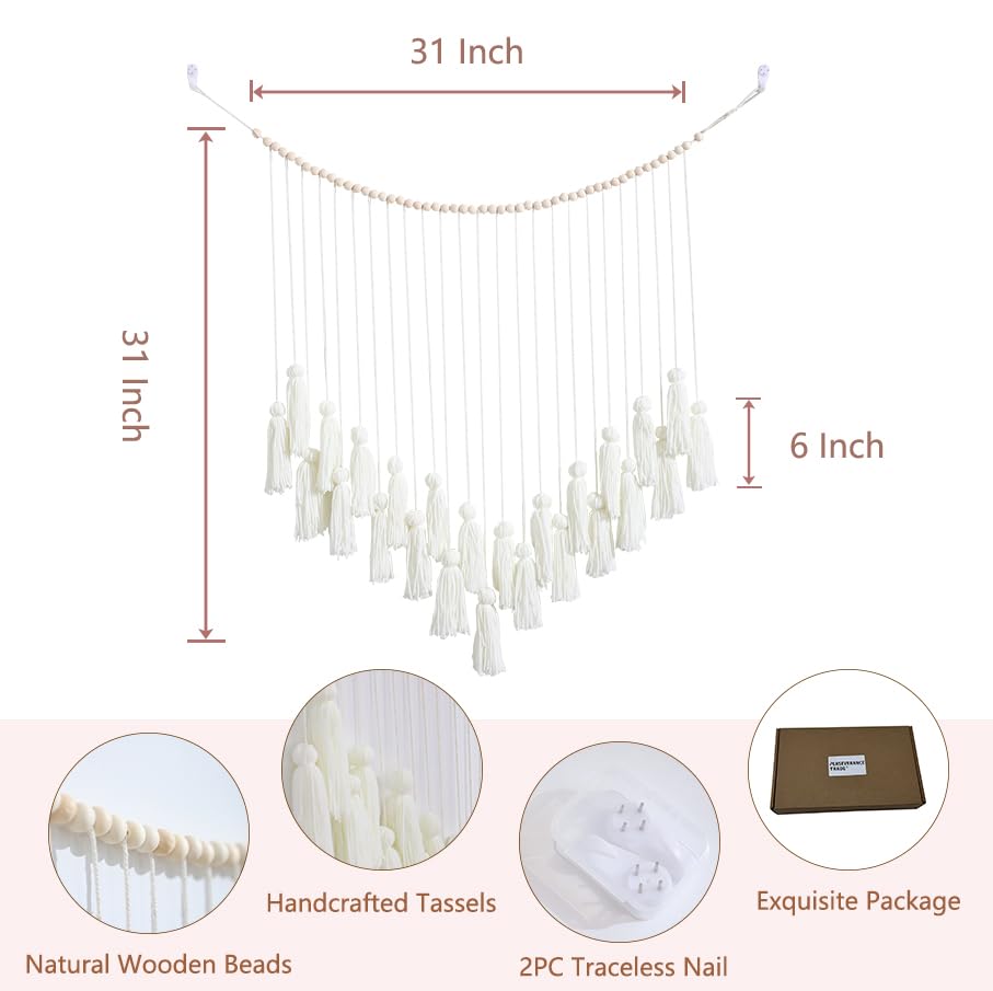 White Boho Macrame Wall Hanging Handmade Tassels Garland Wall Hanging with Wooden Beads for Bedroom Nursery Birthday Gift Party Living Room Neutral Home Decor Aesthetic - color: White
