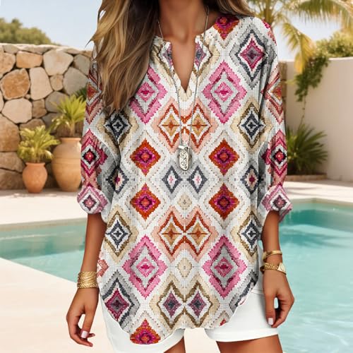 Women's 3/4 Sleeves V Neck Blouses Southwestern Tribal Stripe Serape Colorful Print Plus Size Resort Casual Outfit - color: Blue Black, size: Small