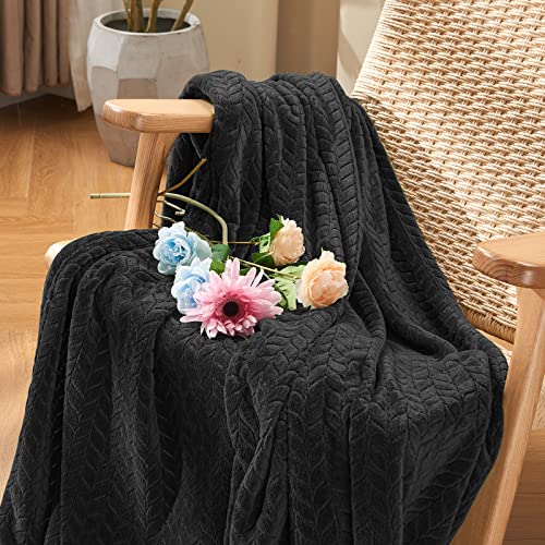 inhand Black Fleece Twin Blanket, Super Soft Flannel Cozy Blankets for Adults, Lightweight Leaves Pattern Fuzzy Blanket for Couch Sofa Bed Office, Warm Plush Blankets for All Season, 60x90 Inches - color: Carbon Black, size: Twin/Twin XL-60x90 IN