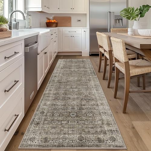 2x5 Brown Grey Vintage Washable Runner Rugs for Hallway Kitchen Boho Hallway Carpet Low Pile Non-Slip Retro Distressed Accent Throw Rug for Entryway Bathroom Bedroom - color: Brown Grey, size: 2'*5'(Runner)