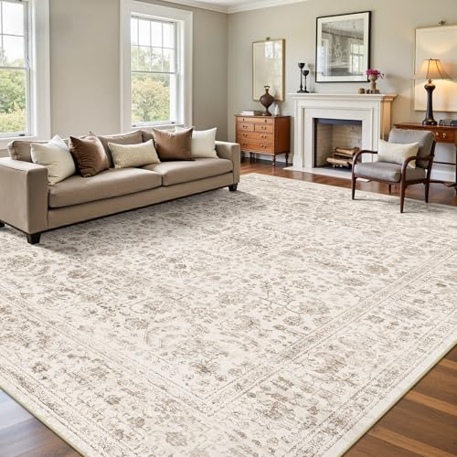 8x10 Area Rugs for Living Room, Washable Vintage Retro Floral Rug, Low Pile Non Slip Distressed Large Carpet for Bedroom, Dining Room, Office, Home (Light Brown) - color: E-light Brown, size: 8' x 10' (Rectangular)