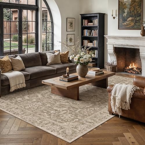 HUGEAR 8x10 Area Rug Taupe Machine Washable Rug Room Decor Distressed Vintage Living Room Rugs Low Pile Non Slip Soft Carpet for Bedroom Dining Room Office Soft Lightweight - color: C| Taupe, size: 8' x 10' (Rectangular)
