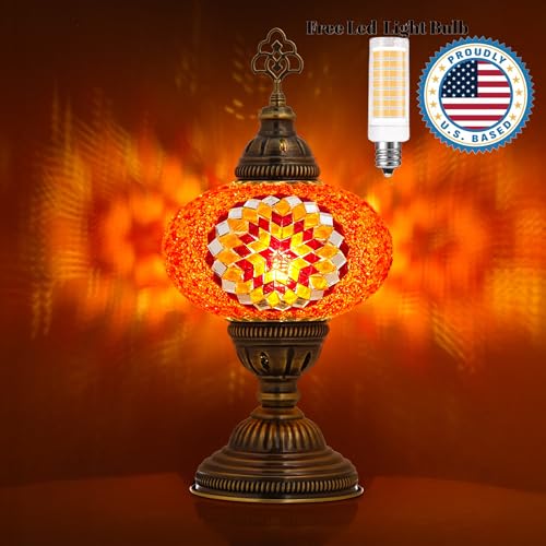 Turkish Lamp, Mosaic Table Lamp, Antique Moroccan Decorative Glass Bohemian Vintage Lamp Shade, Small Desk Tiffany Bedside Stained Glass Lamp with US Plug and E12 Socket - color: Orange Red-6