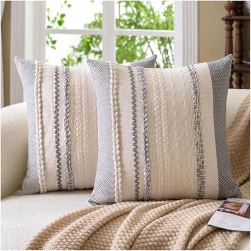 Cethom Boho Throw Pillow Covers 20x20 Inch Set of 2, Grey Textured Decorative Couch Pillow Cases for Farmhouse Home Decor, Accent Cushion Cover for Sofa, Bed, Living Room, Bedroom - color: Grey, size: 20" x 20" (Pack of 2)