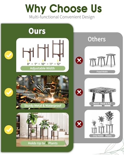 3 Pack Plant Stand Indoor Adjustable, Metal Modern Indoor Plant Stand, Heavy Duty Single Plant Stands Outdoor Corner, Stable Plant Holder Indoor Stand, Fits 8 to 12 Inches Pots, Walnut Wood-Grain - color: Walnut Wood-Grain, size: 3 Pack
