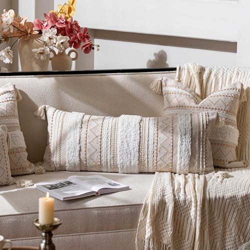 BlissBlush 14x36 Lumbar Pillow Cover for Bed, Rectangular Long Decorative Throw Pillowcase, Boho Accent Cushion with Tufted Pattern and Tassels, Cream Beige Neutral (Cover Only) - color: Beige, size: 36" x 14" (Pack of 1)