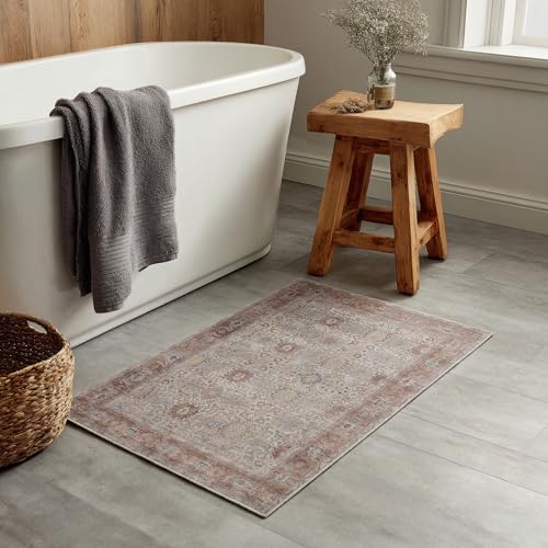 Kuden 2x3 Small Rug, Machine Washable, Non-Slip Backing, Vintage Style, Soft, Low Pile, Area Rugs for Entryway Kitchen Indoor Entrance - color: Beige / Red, size: 2' x 3' Rectangular