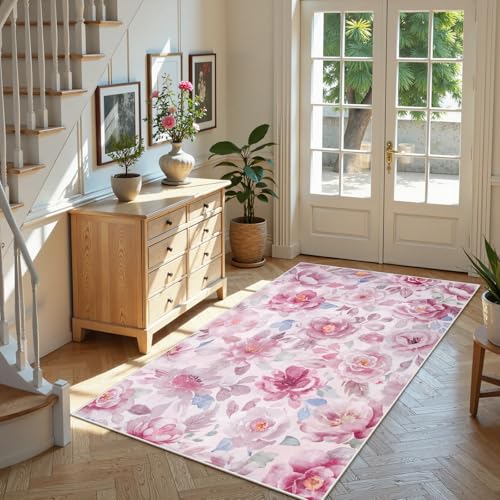 Lahome Floral 3x5 Area Rug for Bedroom, Non-Slip Entry Way Rugs Indoor Ulta-Thin Washable Stain Resistant Boho Throw Rugs for Bathroom Bedroom Vanity（3x5,Pink - color: Pink/Camellia, size: 3' X 5'(rectangular)