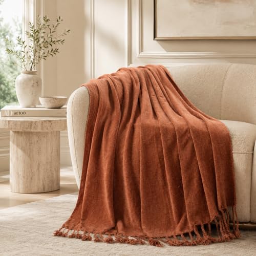 BATTILO HOME Caramel Chenille Throw Blanket for Couch, Soft Cozy Knitted Throw with Tassels, Lightweight Orange Rust Blanket for Fall Decor Bed Sofa Living Room, 50"x60" - color: Caramel