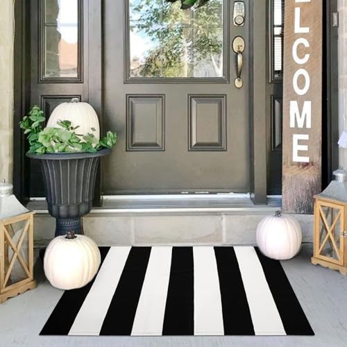 IOHOUZE Black White Striped Rug -24" x36“ Front Door Mats Outdoor,Washable Rug for Front Porch Decor,Spring Summer Welcome Mats Outdoor Indoor, Doormat for Farmhouse/Entryway/Home Entrance - color: Black White Stripe, size: 2' x 3' (Rectangular)