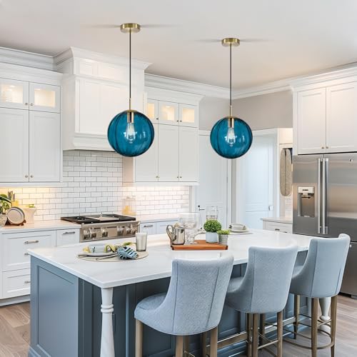 Modern Blue Glass Pendant Light, Kitchen Island Lighting 2-Pack Globe Pendant Light Fixtures Century Kitchen Island Pendant Lighting for Bedroom Living Dining Room Light Fixture (Without Bulb) - color: Blue-1 Light-2PC