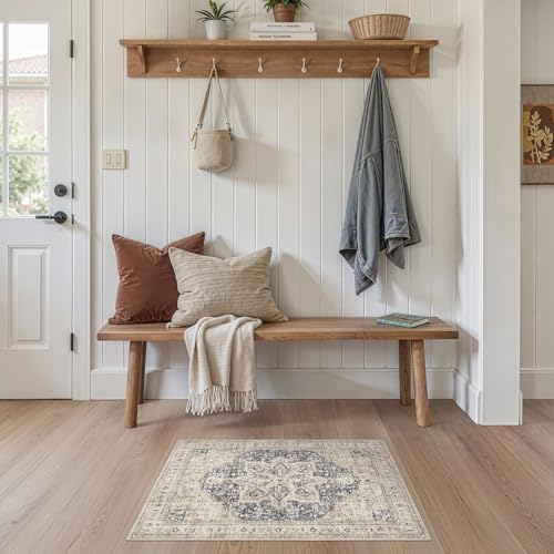 Tortania Area Rug 2x3 Doormat - Washable Vintage Oriental Farmhouse Soft Thin Indoor Carpet for Living Room Bedroom Hallway Entryway Kitchen - Cream/Blue - color: Cream/Blue, size: 2' x 3' (Rectangular)
