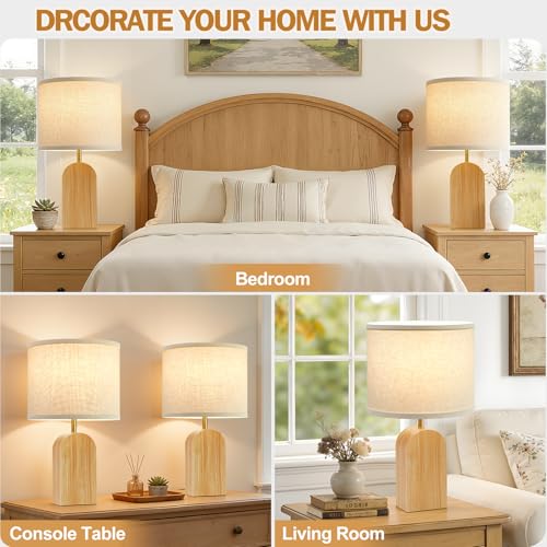 EJIAXIN Table Lamp for Bedroom Set of 2-19" Wood Farmhouse Bedside Lamp with Adjustable Color Temperatures - Modern Rustic Linen Lampshade Nightstand Lamps for Living Room Office, Bulbs Included - color: Burlywood