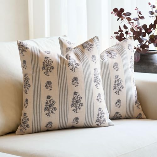 Amor Virisso Floral Throw Pillow Covers 20x20 Set of 2 Block Print Pillow Covers Neutral Floral Striped Farmhouse Decorative Pillow Covers for Sofa Couch Bed, Light Blue - color: Light Blue, size: 20" x 20" (Pack of 2)