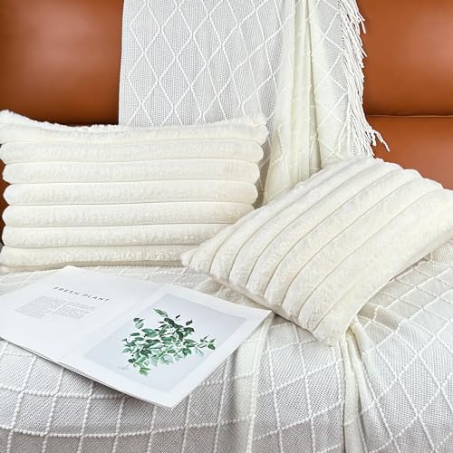 12x20 Throw Pillow Covers Set of 2, Decorative Faux Fur Covers for Bed, Couch Soft Fluffy Pillow Cover with Velvet Back for Living Room, Neutral Home Décor Accent for Sofa - Cream White - color: Cream White, size: 20" x 12" (Pack of 2)